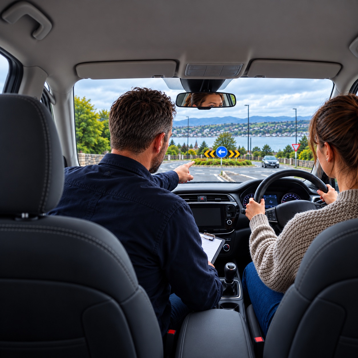 A driving instructor points ahead while a learner driver steers towards a roundabout.